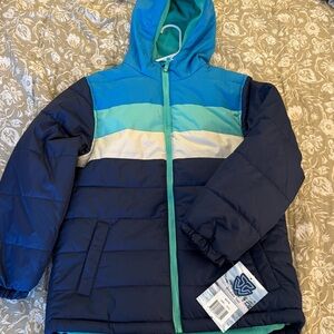 Navy and Teal Hooded Puffer Jacket